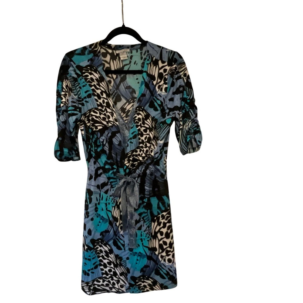Alberto Makali Butterfly Print Wrap Dress Blue Teal Black Ruched Sleeve Medium